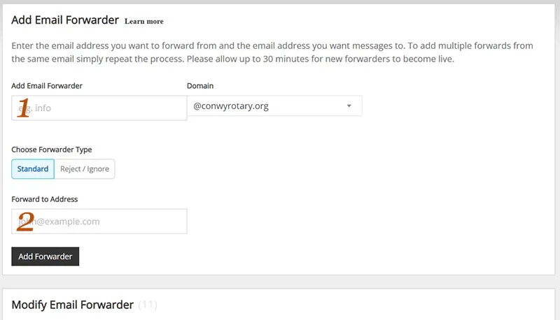 email forwarding page